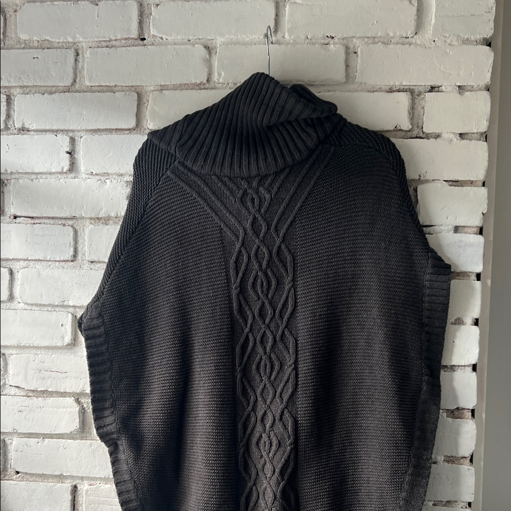 Dark grey Cable-Knit Shawl Collar Sweater Poncho with side buttons - Picture 11 of 11